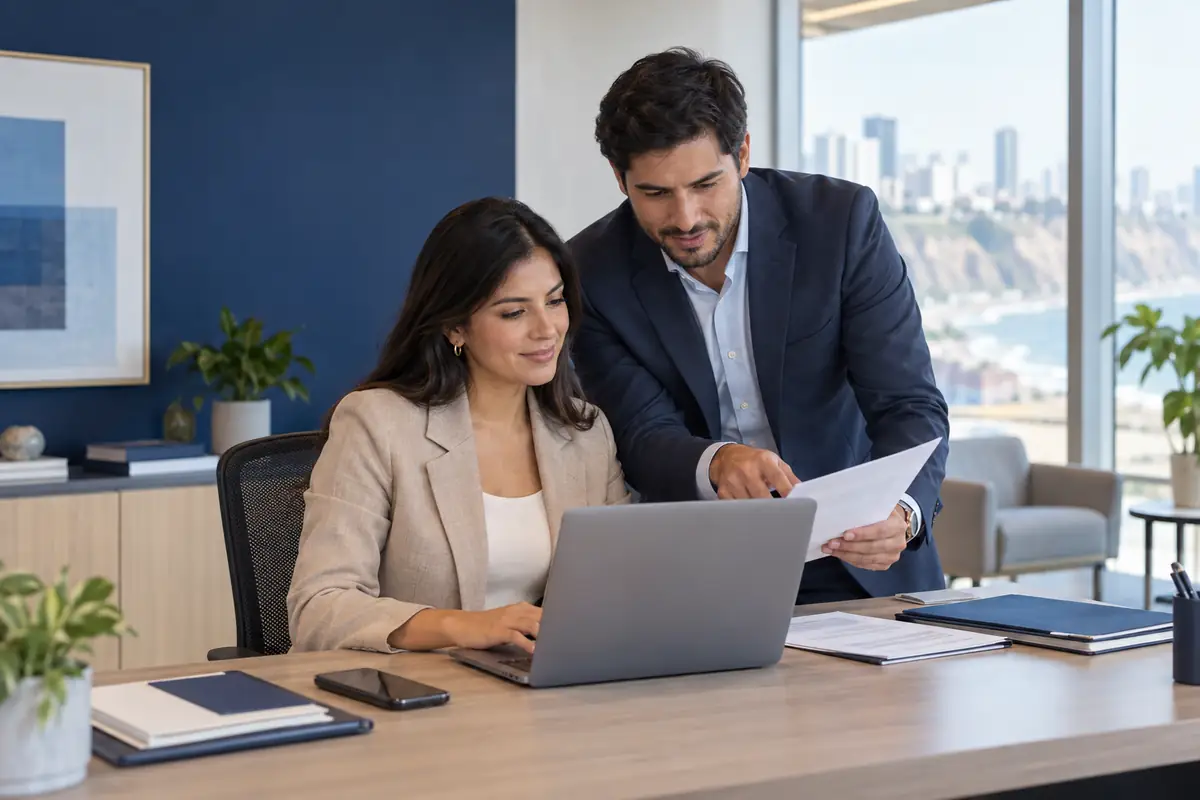 Profesionales peruanos organizando documentos empresariales desde una laptop
