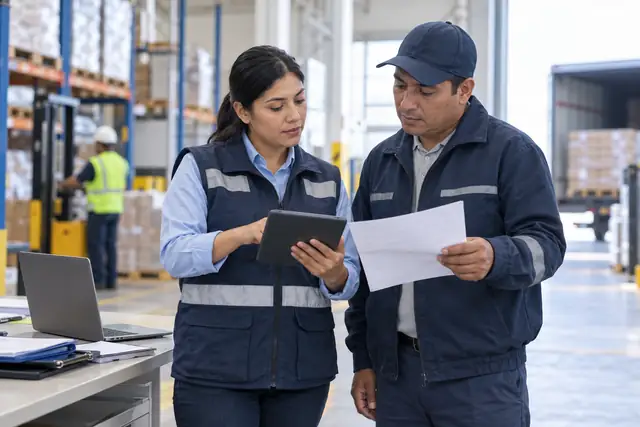 Responsables de operaciones comparando un documento con una tableta