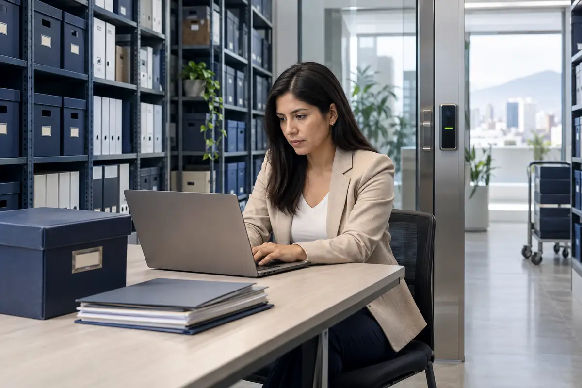 Responsable de información trabajando junto a un archivo empresarial seguro