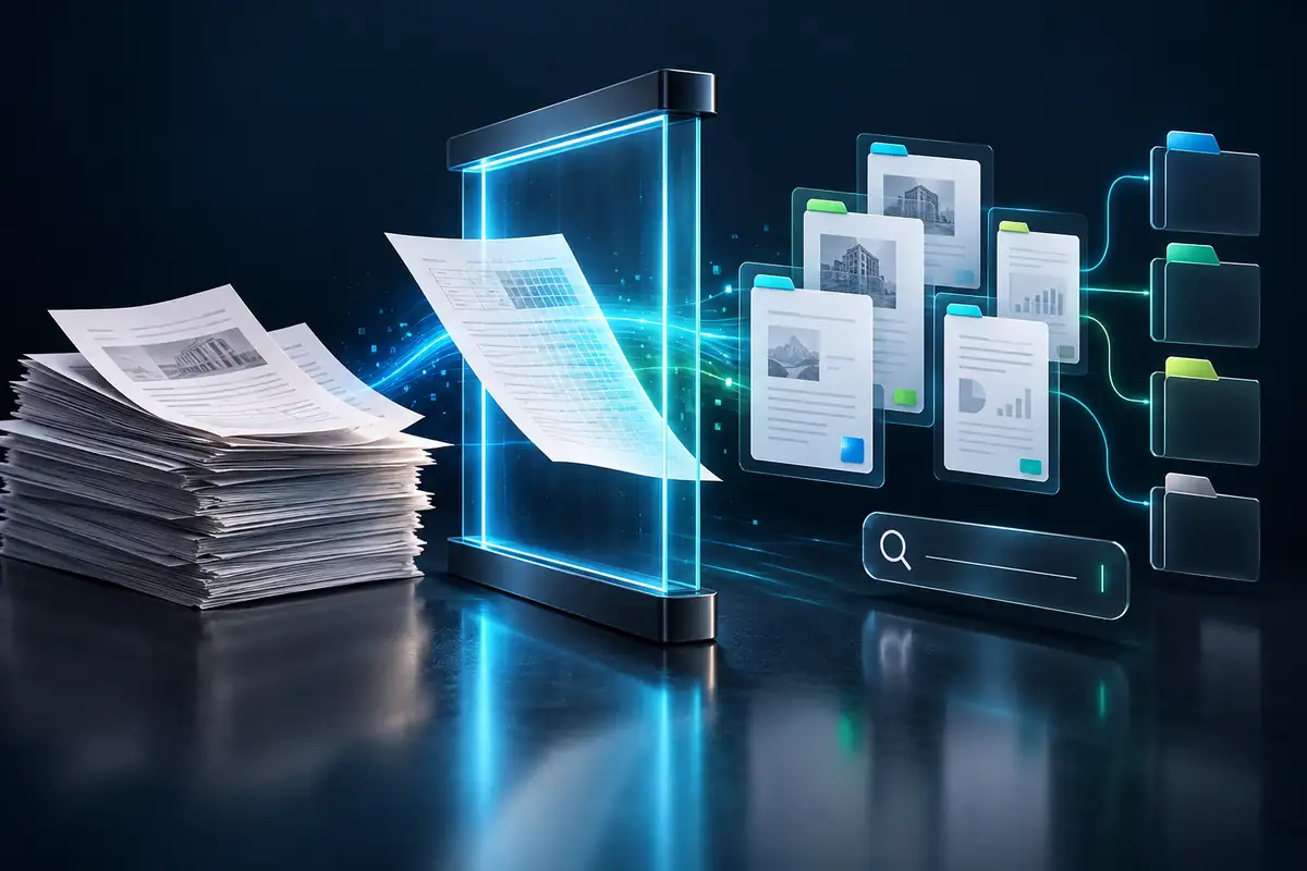 Documentos físicos transformándose en archivos digitales organizados