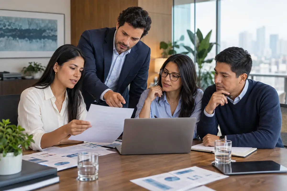 Equipo empresarial colaborando alrededor de documentos y una laptop